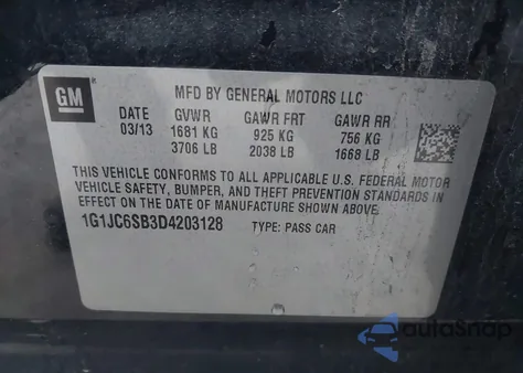 2013 Chevrolet Sonic Lt Auto z USA, uszkodzony, nr VIN 1G1JC6SB3D4203128